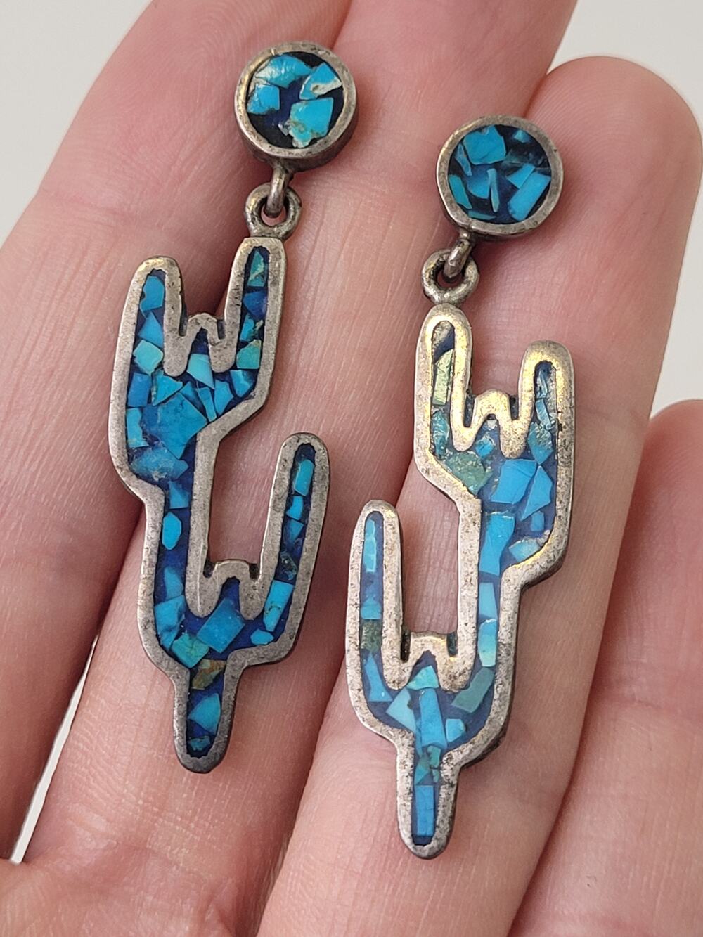 Vintage Saguaro Cactus Dangle Earrings w Turquoise Chip Inlay | Made in Mexico